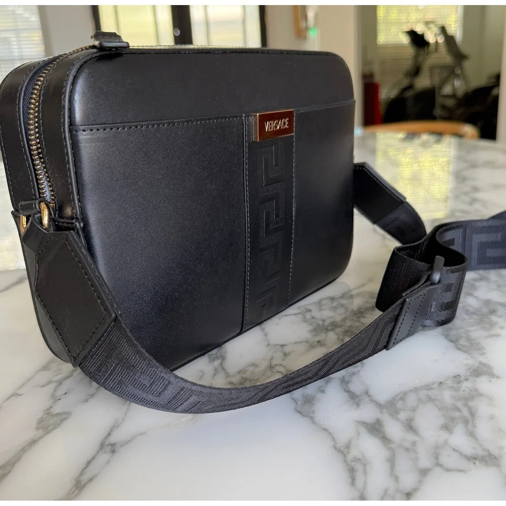 Versace Black Box Leather Shoulder Bag Embossed Greca Crossbody 1010737 Italy